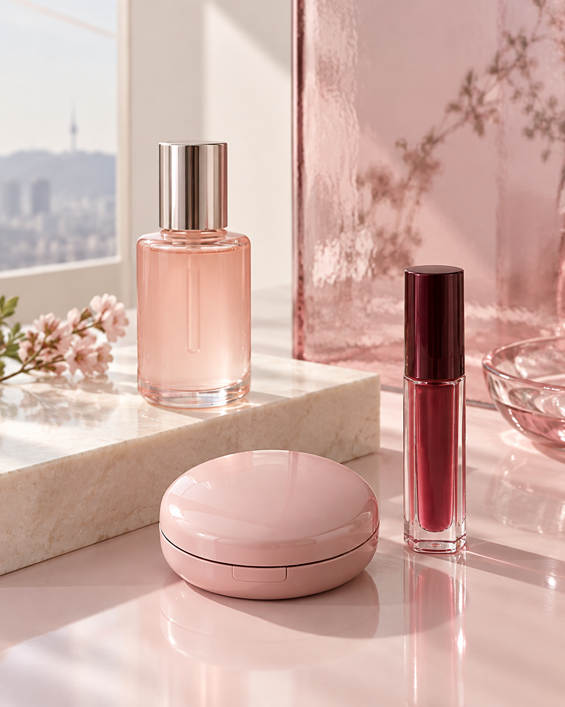 Imagem ilustrativa de frascos e maquiagem sem marca em tons de rosa, creme e vinho